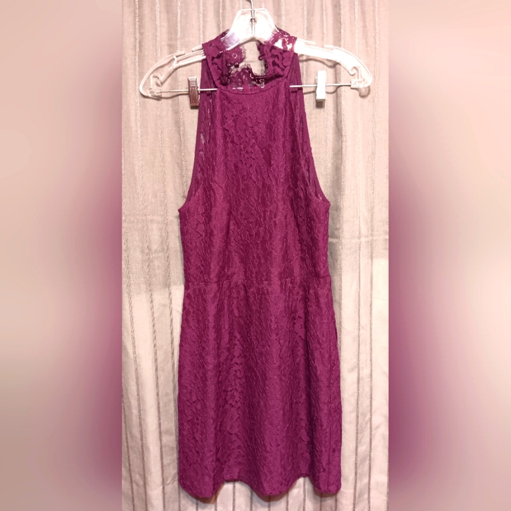 Keepsake Size M Eggplant Lace and Satin High Neck Sleeveless Dress NWOT